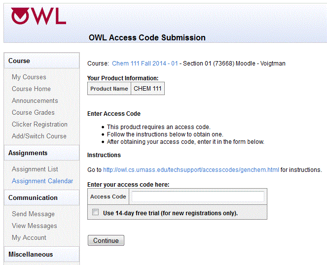 access code purchase OWL page